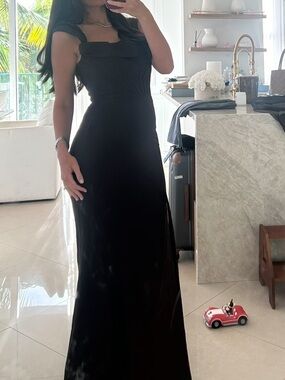 Dress The Population Off-Shoulder Brown Evening Gown with Front Slit